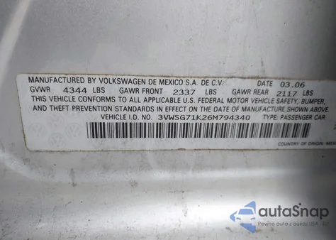 2006 Volkswagen Jetta 2.5 z USA, uszkodzony, nr VIN 3VWSG71K26M794340